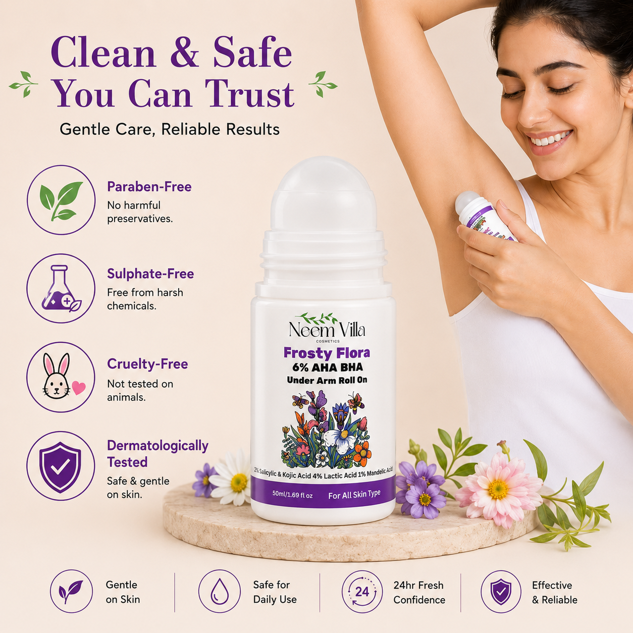 Neem Villa Frosty Flora 6% AHA BHA Under Arm Roll On (50ml)