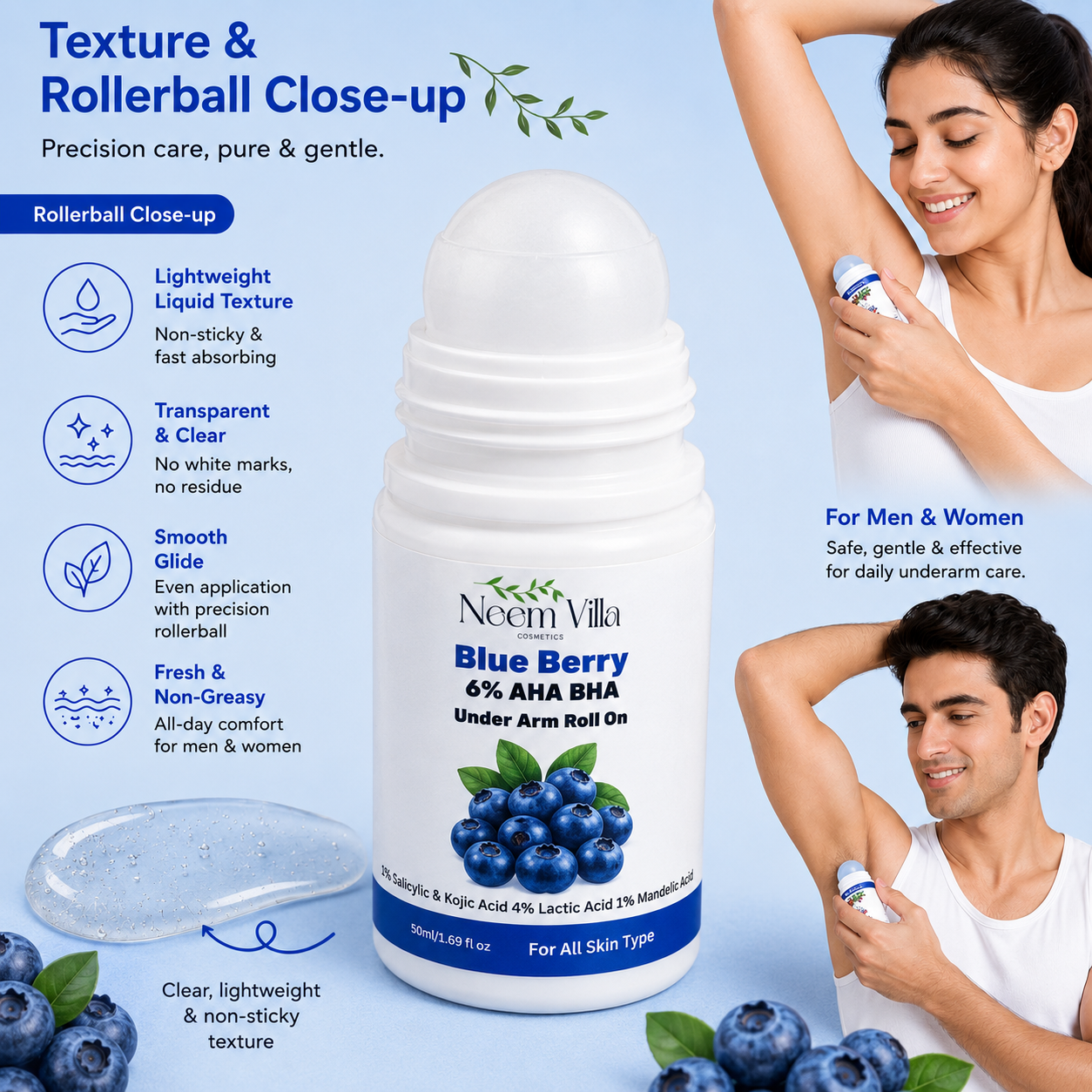 Neem Villa Blue Berry 6% AHA BHA Under Arm Roll On (50ml)