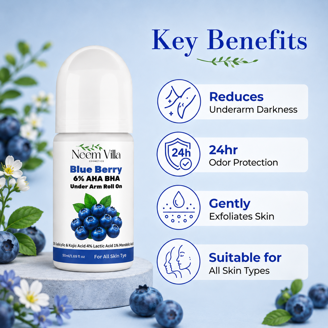 Neem Villa Blue Berry 6% AHA BHA Under Arm Roll On (50ml)