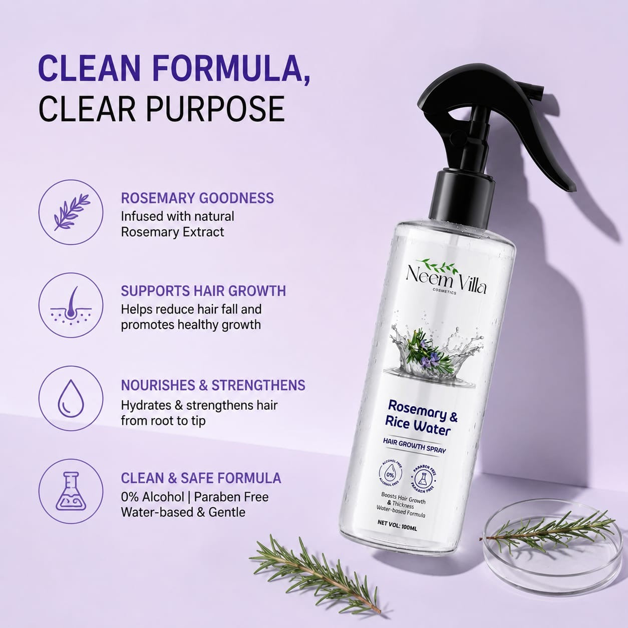 Neem Villa Rosemary & Rice Water Hair Growth Spray (100ml)